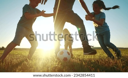happy family playing soccer in the park. group of children in nature playing ball with father silhouette park. happy family kid dream concept. funny kids playing ball on grass sunlight in summer