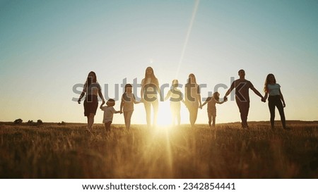 community large family in the park. a large group of people holding hands walking silhouette on lifestyle nature sunset in park. big family kid dream concept. people in the park. large family
