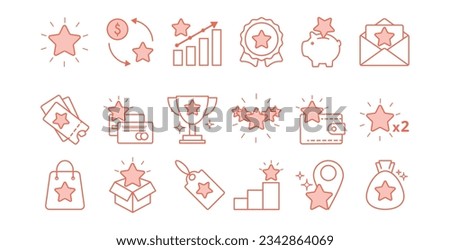 Exclusive benefits line icon set in orange. Bonuses and privileges in the form of stars. Loyalty program. Accumulation of benefits for customers. Vector linear icons. Editable Stroke Royalty-Free Stock Photo #2342864069