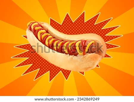 Yummy hot dog with ketchup and mustard on bright comic background