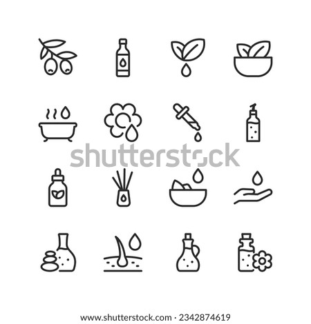 Oil, linear style icons set. For cooking, cosmetics, household use. Olive oil, oil from plants, aromatic oils. Types of containers and uses. Editable stroke width Royalty-Free Stock Photo #2342874619