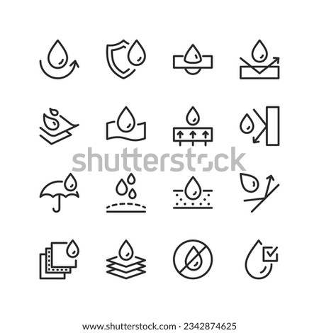Waterproof, linear icons set. The water permeability of a material. layer that protects against drenching. Damp proofing and protection against moisture. Hydrophobic properties. Editable stroke width Royalty-Free Stock Photo #2342874625