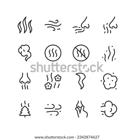 Smell, linear style icons set. Symbols of odor. Fragrance, odor and odorlessness. The sensation and perception of odors. Fragrance and unpleasant odor. Editable stroke width Royalty-Free Stock Photo #2342874627