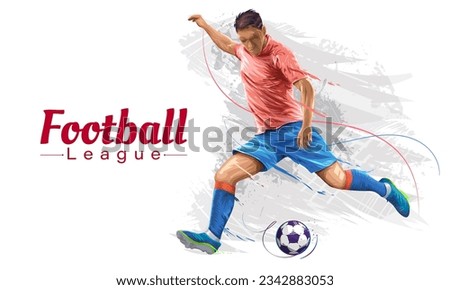 Football player in motion and action with ball isolated on dark purple background. Soccer players kicking ball with fluid line neon. Football league banner Vector illustration.