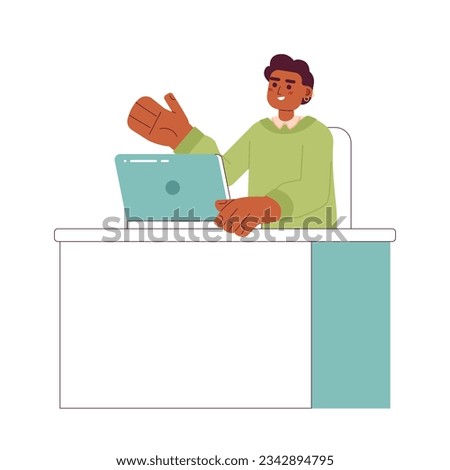 Happy african american worker near laptop 2D vector isolated spot illustration. Office worker flat character on white background. Colorful editable scene