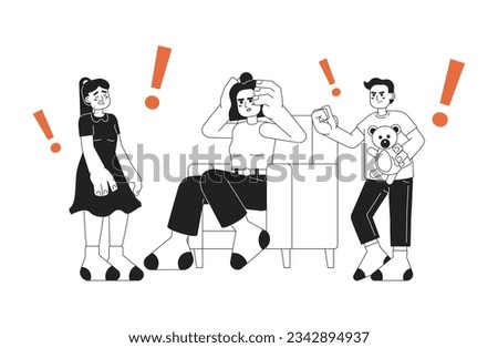 Bad parenting day monochrome vector spot illustration. Tired mom and siblings having fight 2D flat bw cartoon characters for web UI design. Latin family at home isolated editable hand drawn hero image