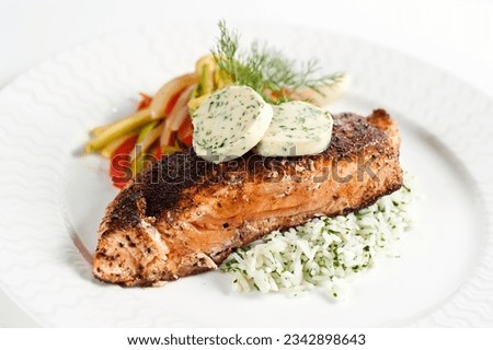 Blackened salmon  with white background Royalty-Free Stock Photo #2342898643