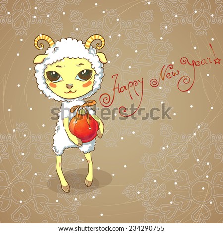 New year card - cute sheep holding a Christmas toy