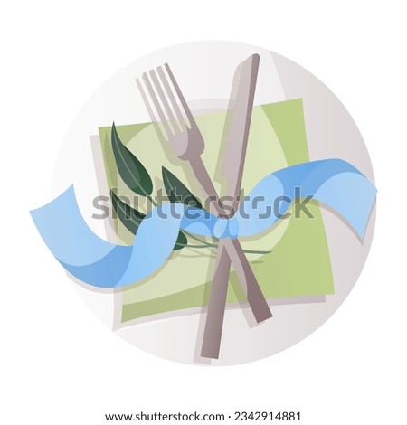 Wedding place setting with cutlery, branch, napkin, porcelain dinner plate and silk ribbon in rustic style. Wedding day accessories, decorations. Celebrate marriage, save the date ceremony. Vector Royalty-Free Stock Photo #2342914881