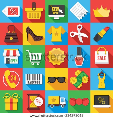 Square vector flat icons set with long shadow for web and mobile apps. Colorful modern design illustrations,elements,concepts,commerce icons,clothes icons,trading, marketing, shopping, business icons.