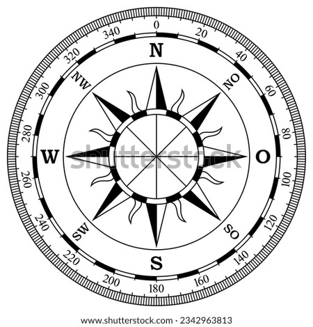 Compass rose vector with eight wind direction, scale and German east description. Isolated background.
Marine, nautical or trekking navigation symbol or for including in a map.