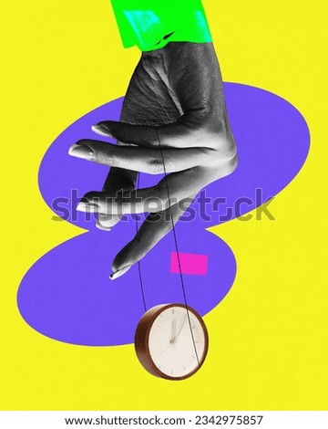 Contemporary art collage of hand holding clock. Concept of time for different cases. Modern design. Copy space. Concept of time managament, schedule, deadline and ad.