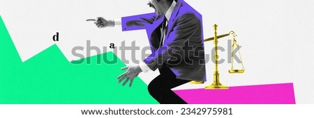 Contemporary art collage. Man sitting and screaming dismissing employees with scales of justice behind back Strict boss. Concept of art, finance, career, co-workers, human rights, law. Ad