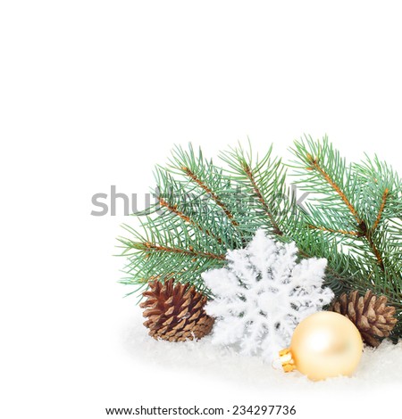 Christmas ornaments on Christmas tree. Christmas border with ornament, present and snow
