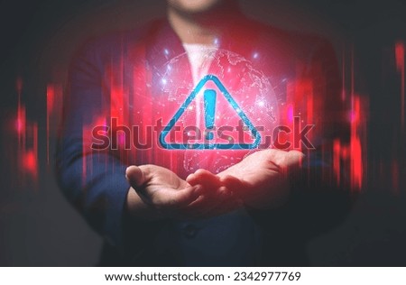 Precautions for use IOT Network technology that facilitates communication between devices and cloud Internet. Businessman showing virtual world with warning signs of Prohibition, Dangers of Networks.