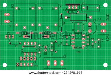 Placement of components of radio elements (contact
pads and seats) on the printed circuit
board of an electronic device.
Vector engineering 
drawing of a pcb. Electric background with grid.  Royalty-Free Stock Photo #2342981913