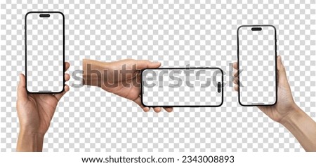 Mockup Hand holding smart phone 14 pro max with blank screen - isolated on transparent background - Clipping Path