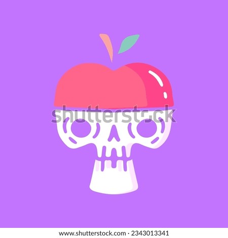 Skull head wearing apple hat, illustration for t-shirt, sticker, or apparel merchandise. With doodle, retro, groovy, and cartoon style.