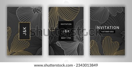 Dark floral wedding invitation cards. Elegant golden, silver stylized linear begonia flowers background. Botanical illustration EPS 10 vector design template set. Clipping masks.