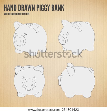 Vector Hand drawn piggy bank set. Money savings concept on cardboard texture background.