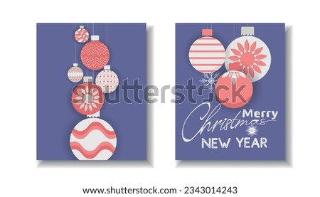 Christmas balls tree and snowflake pattern greeting, invitation, card, template, background, poster, holiday covers, banner set. Merry Christmas and Happy New Year