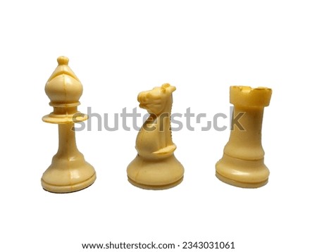 A photo-realistic image of three chess pieces, a bishop, knight, and rook, arranged in a row on a white background, pieces made of a light-colored material, and are in good condition, horizontal