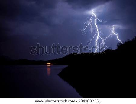 Lightning bolts striking at Lake Mead Nevada