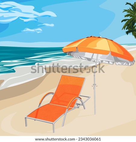 Vector illustration of a sea beach with chaise longue for relaxing under summer parasol and palm trees. Summer tropical beach and sea, sun lounge and umbrella in vector.