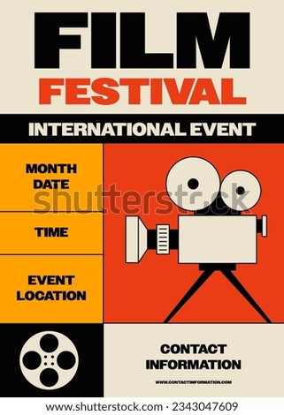 Movie and film festival poster design template background vintage retro style.  Design element can be used for backdrop, banner, brochure, leaflet, flyer, print, publication, vector illustration Royalty-Free Stock Photo #2343047609