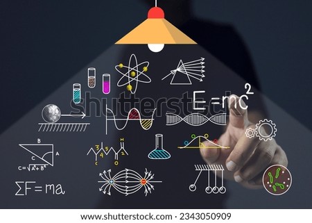 Scientist or university student is pointing on science icon under lantern light to study theory energy speed of light, magnetic field, chemical reactions and albert einstein, isaac newton equation