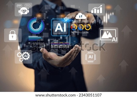 A man hand pointing at AI to command search for business information, create photos, work in factory industry instead of human or interact with customer service as chatbot and cyber security guards