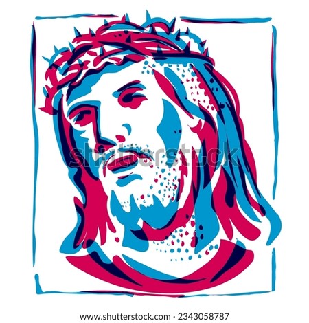Risograph technique illustration of a head of Jesus Christ with a crown of thorns done in retro riso effect digital screen printing style.