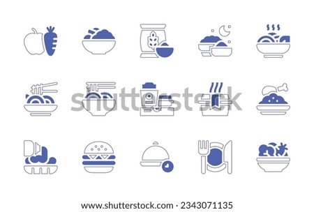 Food icon set. Duotone style line stroke and bold. Vector illustration. Containing nutrition, salad, calories, spaghetti, pad thai, yakisoba, delivery, box, chicken, fast food.