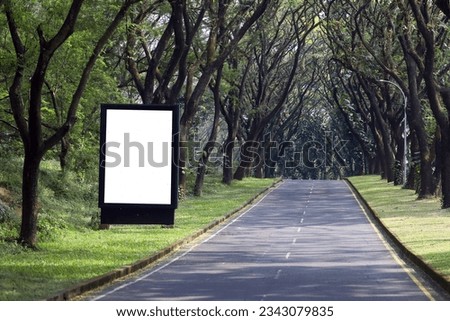 blank billboard on street with shady trees. blank white billboard under the trees