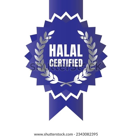 Halal certified badge design vector, Halal food product stamp, Authorized halal food and drink  ribbon stamp label