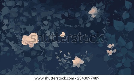 Discover Midnight Garden's magic: moonlit flowers, vines on deep navy backdrop. Ideal for mystical themes, textiles, prints, decor. Editable-Customizable. Royalty-Free Stock Photo #2343097489