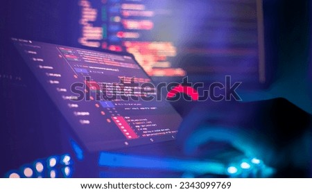 Project managers work new idea. Mobile app developer. Innovative startup project. Website programming code Royalty-Free Stock Photo #2343099769