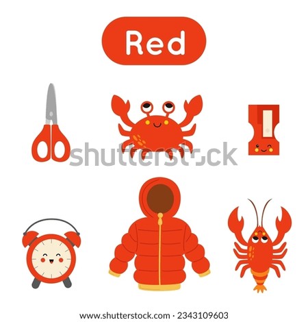 Learning colors for kids. Red color flash card. Educational material for children. Set of objects in red color.