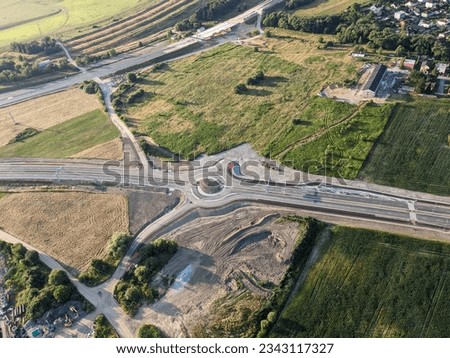 construction of new highway,speed road construction work with bridges and modern infrastructure,Czech republic-Europe highway Ceske Budejovice aerial panorama landscape view-civil engineering