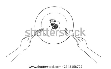 Line drawing of a dish and hands holding a fork and knife
