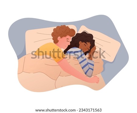 Cartoon Man and woman hugging in bed under the blanket. Vector isolated flat illustration of a sleeping couple in love. Royalty-Free Stock Photo #2343171563