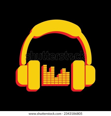 Headphones with spectrum bars or equalizer sign. 3D Extruded Yellow Icon with Red Sides a Black background. Illustration.