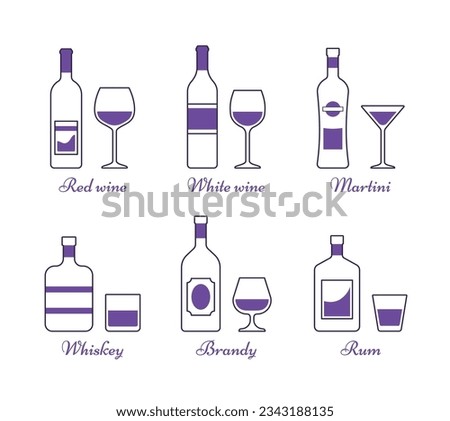 Set black alcoholic drinks with wineglasses in thin line style. Outline alcohol bottles and glasses in flat design. Linear icons beverages isolated on white background. Vector graphics. Royalty-Free Stock Photo #2343188135