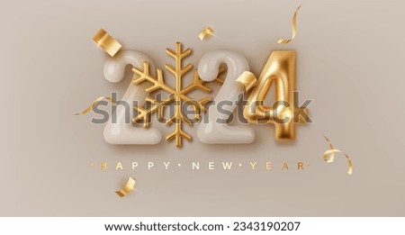 2024 Realistic glossy number with golden snowflake. Happy New Year and Merry Christmas 2024. Greeting card. Vector 3d rendering. Royalty-Free Stock Photo #2343190207