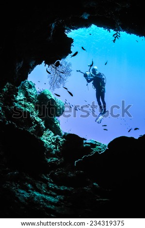 Underwater silhouette in Banda, Indonesia. There are diver is taking picture of sea fan.