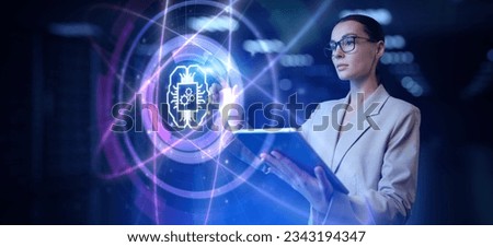 AI Artificial intelligence neural network deep machine learning concept. Young business woman pressing button on virtual screen. Royalty-Free Stock Photo #2343194347
