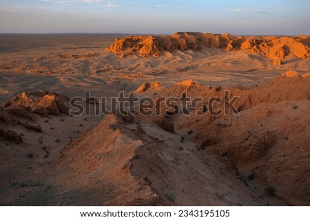 The Flaming Cliffs also known as Bayanzag in the Gobi Desert in Mongolia. Royalty-Free Stock Photo #2343195105