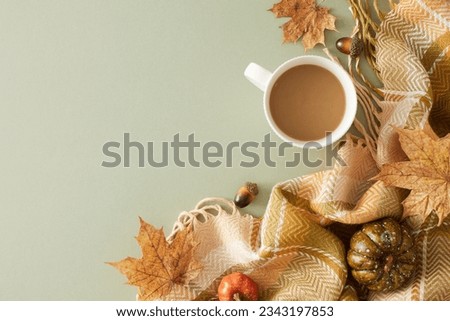 Enjoy the warmth of fall. Top view photo of a cup of hot cacao drink, warm cashmere plaid, acorns, pumpkins, maple leaves on olive background with empty space for promo or message