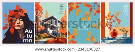 Modern design set of Fall poster, cover, card with portrait of beautiful girl with autumn leaves in her hair, landscape with modern house, autumn plant in the pot. Template for advertising, web, print