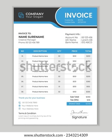 Corporate business invoice design vector template.
Minimal Corporate Business Invoice design template vector illustration bill form price invoice.
business stationery design payment agreement design . Royalty-Free Stock Photo #2343214309